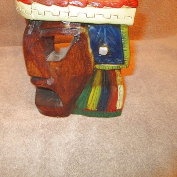 Vtg SUN & MOON Carved Wood TOTEM Native MASK Tiki GEMSTONES Chakra TRIBAL Aztec - Picture 9 of 12